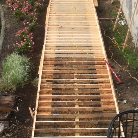 Diy Wood Walkway, Backyard Concrete, Wood Pathway, Mosaic Walkway, Stepping Stone Walkways, Wood Walkway, Concrete Path, Concrete Walkway, Walkways Paths