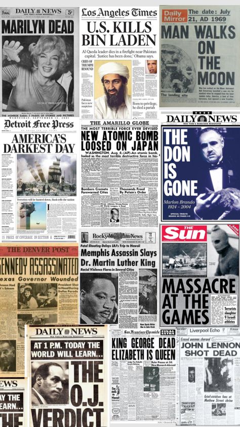 iconic headlines 📸 Newspaper Wall, Arts Project, History Major, Dead Man Walking, Newspaper Headlines, Headline News, Bin Laden, Future Classroom, Dead Man