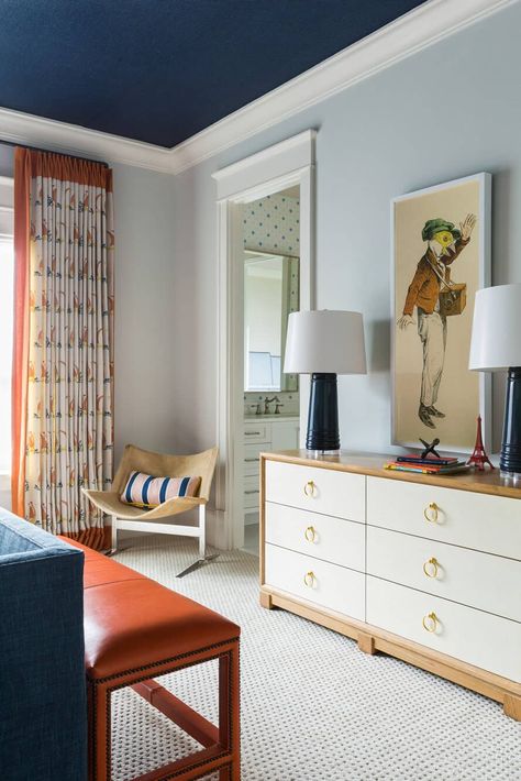 A glimpse inside the vibrant living spaces of this Florida lake house Red Upholstered Bed, Florida Lake House, Contemporary Girls Bedroom, Purple And Grey Bedding, Blue And White Lamps, Earth Tone Bedroom, Blue And White Bedding, Blue Boys Bedroom, Boys Room Blue