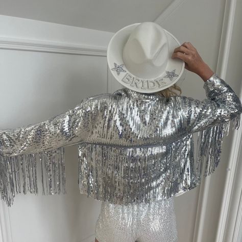 Purchased From Etsy For My Bachelorette Party But Never Worn! Cowgirl Bachelorette Party Outfits, Sequin Fringe Jacket, Cowgirl Jacket, Cowgirl Bachelorette Parties, Fringe Clothing, Nashville Bachelorette Party, Cowgirl Bachelorette, Vintage Fringe, Bachelorette Party Outfit