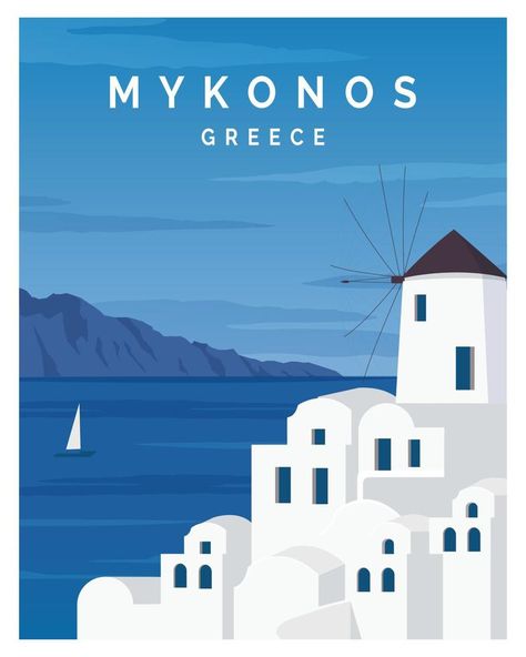 Mykonos Painting, Mykonos Poster, Greece Illustration, Santorini Grecia, Teaching Graphic Design, Greece Painting, Greece Art, Tourism Poster, Card Poster