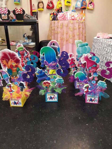 Trolls Centerpieces Trolls World Tour Centerpieces Ideas, Troll Centerpiece Ideas, Trolls Centerpieces Ideas, Trolls Centerpieces, Troll Party Theme, Table Decorations Ideas, Trolls Party, Trolls Birthday Party, Troll Party