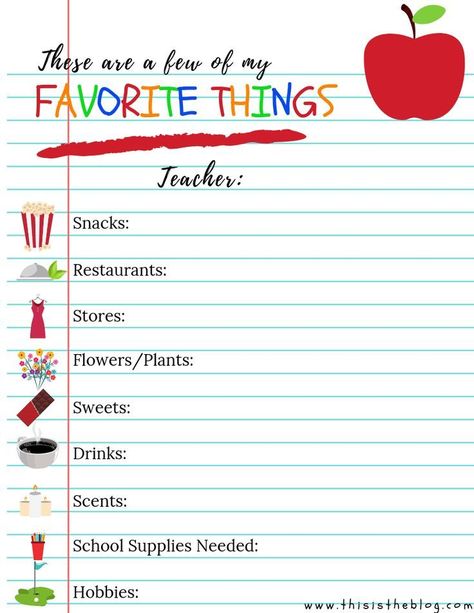 Teacher S Favorite Things A Must Have Printable For Room Parents Staff Favorites Sheet, Teachers Favorites List, Teacher Favorite Things Questionaire, Favorite Things Template, Teacher Favorites Printable, My Favorite Things List, Teacher Questionnaire, About Teachers, Raindrops On Roses