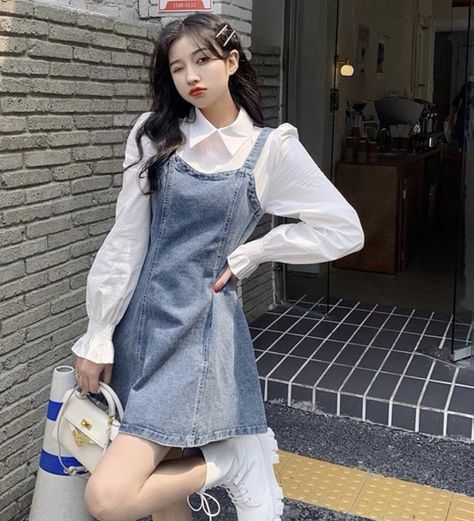 Weibo Girl, Desired Reality, Denim Overall Dress, Easy Trendy Outfits, Korean Dress, Overall Dress, Korean Outfits, Casual Style Outfits, School Outfits