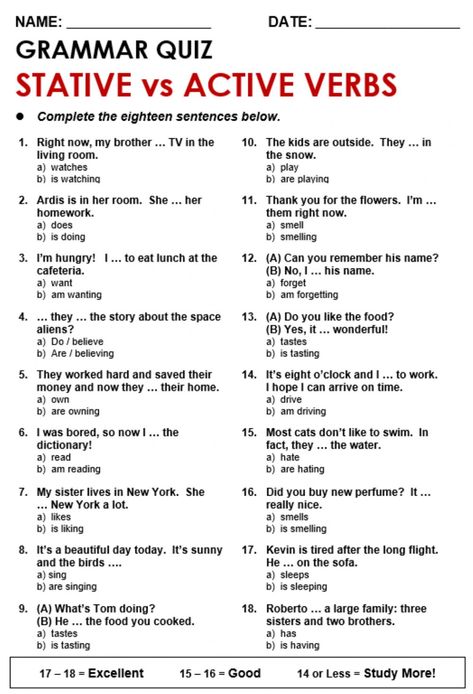 Present Simple or Continuous - Stative verbs worksheet Stative Verbs Worksheet, Stative Verbs, Practice English Grammar, Action Verbs Worksheet, Verbs Activities, Esl Grammar, Helping Verbs, Grammar Quiz, English Teaching Materials