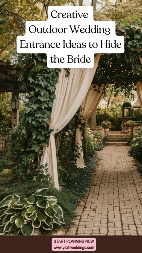 A beautiful outdoor wedding entrance with lush greenery and whimsical drapes creating a hidden pathway for the bride, adding an element of surprise and magic to the ceremony. Wedding Entrance Outdoor Ceremony, Wedding Reception Door Decor Entrance, Diy Wedding Entrance Entryway, How To Hide The Bride Outdoor Weddings, Hide The Bride Outdoor Wedding, Outdoor Wedding Entrance Ideas, Wedding Doors Entrance Outdoor Ceremony, Bridal Entrance Ideas, Bride Entrance Ideas