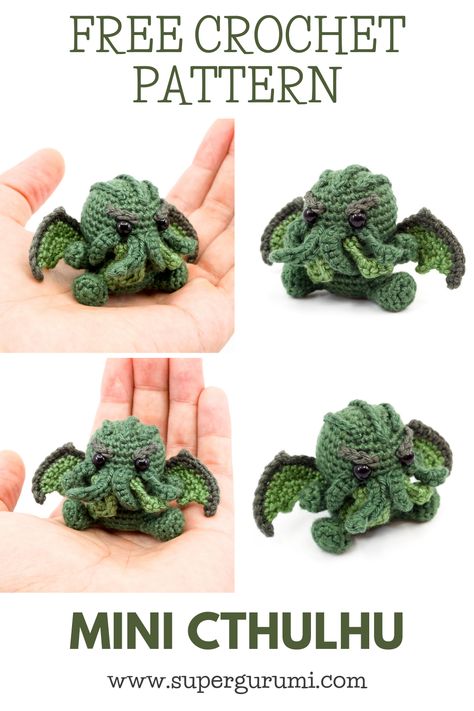 Free Crochet Pattern the Mini Cthulhu by Supergurumi. Easy to follow step by step crochet pattern. Get the free pattern on the Website. #amigurumi #crochet #crochetpattern #cthulhu #hplovecraft Mini Amigurumi, Animal Crochet, Crochet Fun, Crochet Design Pattern, Beginner Crochet Projects, Crochet Amigurumi Free, Quick Crochet, Fun Crochet Projects, Single Crochet Stitch