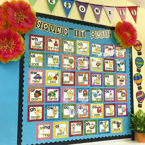 Phonics Bulletin Board Ideas 1st Grades, Phonics Wall Kindergarten, Phonics Classroom Decor, First Grade Sound Wall, Sound Walls In Classroom, Bulletin Board Decoration Ideas, Phonics Bulletin Board, Phonics Wall, Phonics Display