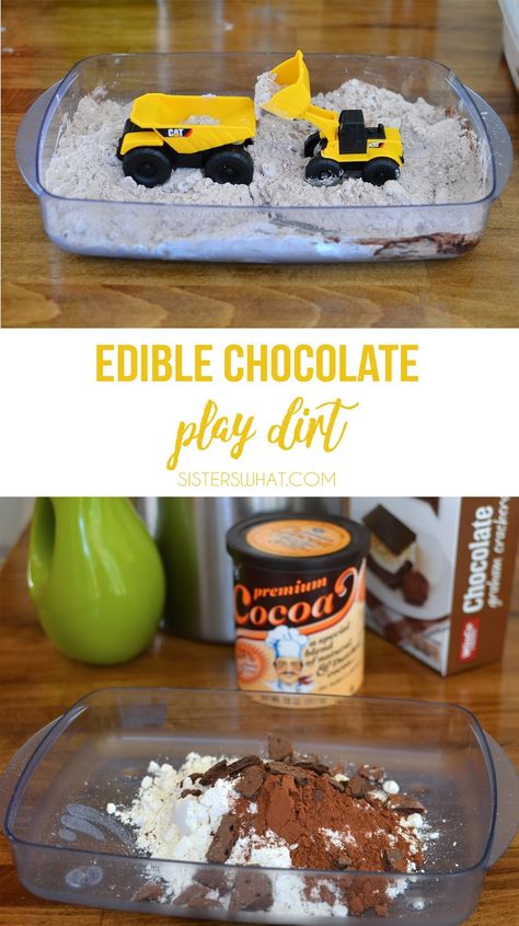 Edible Chocolate Play Dirt and Mini Plastic Trucks - Sisters, What! Edible Dirt, Dirt Recipe, Chocolate Dirt, Spring Toddler, Recipe For Kids, Chocolate Graham Crackers, Dinosaur Activities, Tuff Tray, Toddler Play