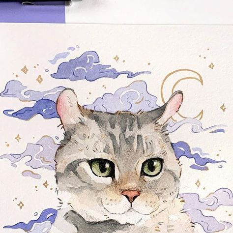 cat ♡ on Instagram: "Watercolor commission I did for @purishiore ☁️✨ Thank you so much again for commissioning me!! ~ I love painting commissions since I get to draw different things! For example I had so much fun with these Chinese clouds☺️ ~ I have my last commission slots available!! After those I won’t be opening them again until the end of February since I’m going on some trips soon👀 ^ ^ ^ ^ ^ #watercolorcommission #artcommission #artcommissions #artcommissionsopen #petcommission #petcommissions #petpainting #petpaintings #watercolorpetportrait #watercolorpet #watercolorcat #watercolorcats #catillustration #catillustrations #catpainting #catpaintings #petillustration #petillustrations #animalillustration #animalillustrations #animalillustrator #watercoloranimals #paintingcommission # Chinese Clouds, Cat Art Painting, Cat Sketch, Watercolor Pet Portraits, Watercolour Inspiration, Watercolor Painting Techniques, Pinturas Disney, Watercolor Cat, Watercolor Art Lessons