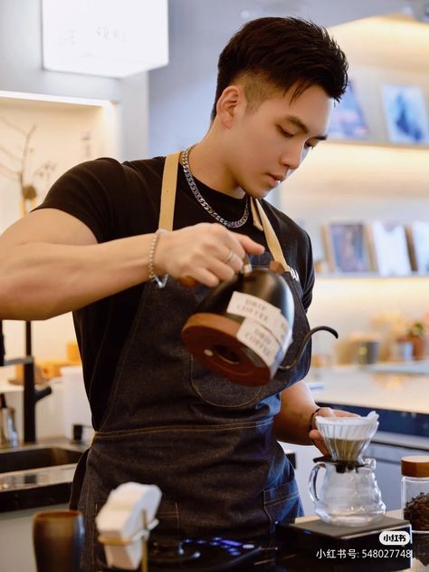 Guy Cooking Reference, Someone Drinking Coffee Reference, Man Cooking Drawing Reference, Cashier Pose Reference, Person Drinking Tea Reference, Bartender Cleaning Glass Reference, Male Barista Outfit, Person Baking Reference, Barista Drawing Reference