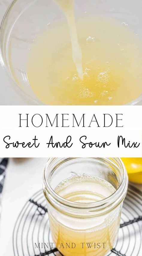 This homemade sweet and sour mix is tangy, sweet, and fresh. It’s a great cocktail ingredient that adds a tart flavor to drinks. While you could buy a plastic bottle at the store, making it yourself is simple and worth it. Once you try this recipe, I know you’ll prefer using a fresh mix. Sweet And Sour Mix Recipe, Recipe With Oranges, Homemade Sweet And Sour Mix, Sour Mix Recipe, Simple Syrups, Bar Mix, Cocktail Syrups, Homemade Syrup, Sour Mix