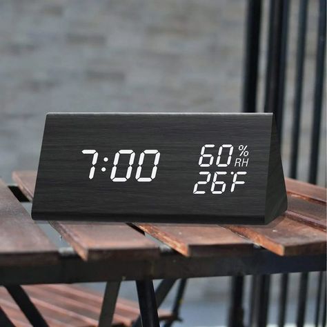 Clocks For Bedroom, Bedroom Gadgets, Tripod Lighting, Led Alarm Clock, Electric Clock, Sound Control, Humidity Sensor, Tabletop Clocks, Wooden Design