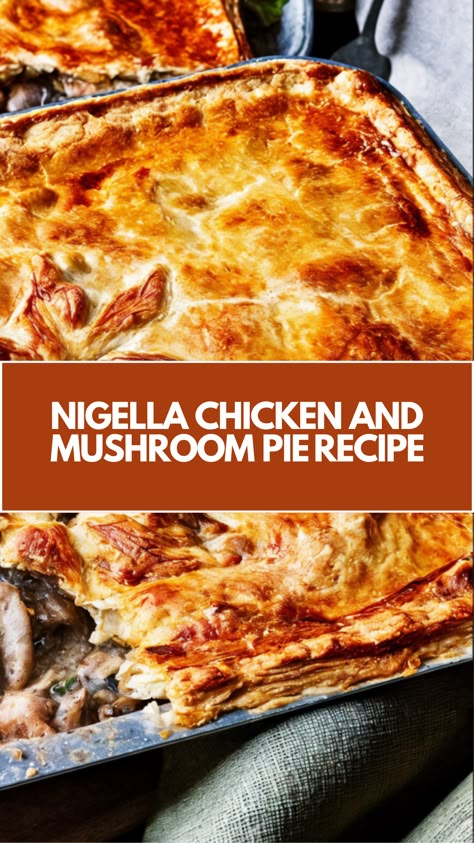 This delicious and creamy Chicken and Mushroom Pie is a quick, easy meal that’s perfect for any night of the week. Inspired by Nigella Lawson’s recipe, it’s made with simple, everyday ingredients and topped with golden, flaky puff pastry. It’s the perfect comfort food for cozy evenings, and you can customize it with your favorite greens! Food And Wine Chicken Pot Pie With Leeks And Thyme, British Chicken And Mushroom Pie, Chicken Mushroom Pot Pie, Chicken Mushroom Pie Recipe, British Comfort Food, Chicken Pie Puff Pastry, Chicken Pie Recipes, Mushroom Pie Recipe, Homity Pie