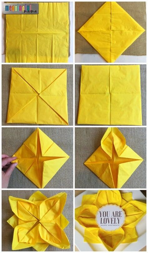 Sunflower Table Decorations, Rosemary Wreaths, Diy Origami Home, Diy Origami Home Decor, Rosemary Wreath, Diy Napkin Folding, Napkin Folding Tutorial, Origami Home Decor, Sunflower Table