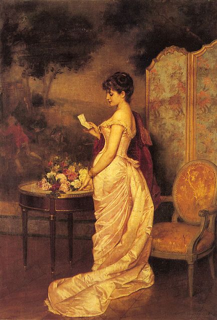 'The Love Letter' 1883 ~   Auguste Toulmouche [French artist, 1829-1890]. Known for his portraits of Parisian women; Émile Zola spoke of "Toulmouche's delicious dolls." Auguste Toulmouche, Art Amour, Alfred Stevens, Galleria D'arte, Color Symbolism, William Adolphe Bouguereau, Historical Objects, Romantic Themes, Edouard Manet