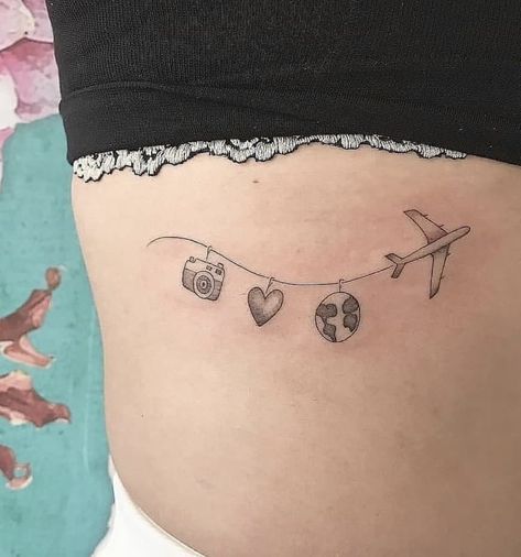 Butterfly Travel Tattoo, Cute Travel Tattoos For Women, Tattoo Ideas For Travel Lovers, Travel Nurse Tattoo, Best Friend Travel Tattoos, Travel Tatoos Woman, Airplain Tattoo, Wanderlust Tattoo For Women, Fine Line Travel Tattoo