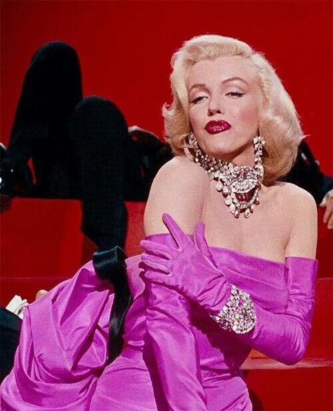 Marilyn on the set of Gentleman Prefer Blondes Purple, Marilyn Monroe, Gloves, Pink, Pink Dress, A Woman