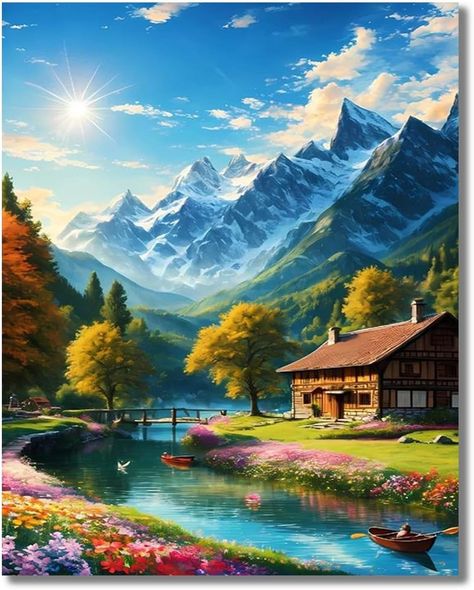 Snow Mountain Landscape, Art Painting Diy, Beautiful Paintings Of Nature, Mountain Landscape Painting, Scenery Paintings, Beautiful Art Paintings, Diamond Art Painting, Nature Scenery, Cottage Art