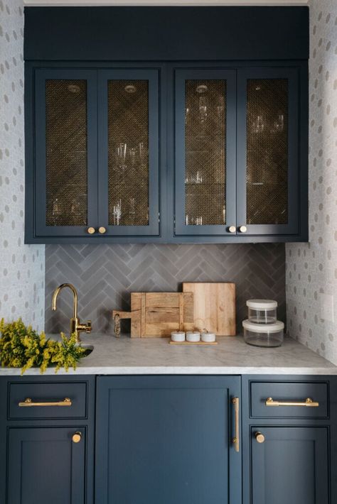 Wet Bar Cabinets, Navy Kitchen Cabinets, New England Style Homes, Spanish Style Kitchen, Kate Marker Interiors, Beautiful Backsplash, Navy Kitchen, Herringbone Tile, Blue Cabinets