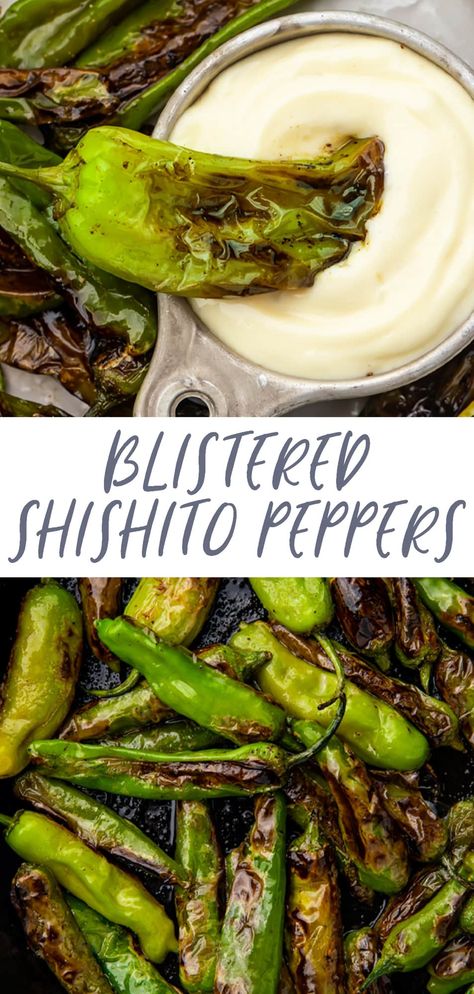 These blistered shishito peppers are cooked to perfection in a skillet then tossed with butter and served with a quick and easy lemon-garlic aioli. This is one of my favorite vegetable recipes of all time, and I devour them all summer! You'll love this appetizer or side dish just as much as I do, guaranteed. Shishito Pepper Recipe, Blistered Shishito Peppers, Simple Appetizer, Shishito Peppers, Garlic Aioli, Garlic Recipes, Incredible Recipes, Veggie Side Dishes, Peppers Recipes