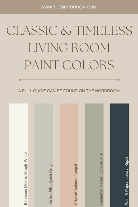 The Best Classic Paint Colors For A Timeless Living Room 32 Front Room Ideas Colour Palettes, Classy Living Room Paint Colors, Bright Room Paint Color Ideas, Paint Living Room Colors, Classic Wall Colors, Classic Interior Paint Colors, Muted Colors Living Room, Soothing Living Room Colors, Timeless Living Room Paint Colors