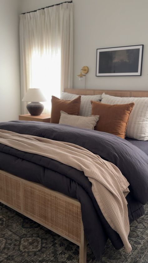 Linen Sheets curated on LTK Bed With Dark Sheets, Fall Guest Room, Bedroom Linens Bedding Color Schemes, Rust And Beige Bedroom, Dark Clay Bedding, Master Bed Bedding, How To Make King Bed, Charcoal Bedding Ideas, Dark Sheets Bedroom