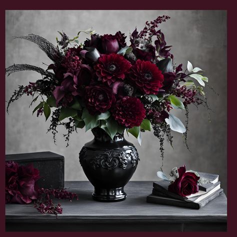 Best Mansfield Florist |Gothic Romance Bouquet | Found Florist Farm Dark Wedding Flowers Jewel Tones, Black Wedding Flowers Centerpieces, Small Dark Bouquet, Gothic Halloween Centerpieces, Dark Red Decor, Gothic Bouquet Wedding, Romantic Goth Decor, Bouquet With Amaranthus, Spooky Flower Arrangements