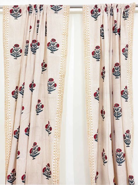 Amber Lewis For Anthropologie Rowena Curtain, Block Print Curtains Living Room, Blue Poppy Flower, Cabin Addition, House Scotland, Printed Cotton Curtain, Patterned Curtains, Summer Curtains, Twin Bedroom