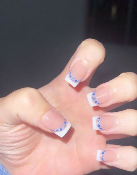 cute greek summer nails 🧿🇬🇷 Summer Nails For Greece, Short Greece Nails, Nail Inspo For Greece, Greek Summer Nails, Greek Holiday Nails, Greece Holiday Nails, Greek Style Nails, Greek Eye Nails, Cyprus Nails