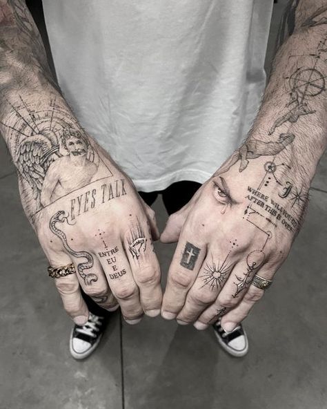 MR.K on Instagram: "All my work but cross & falling ladies on my man @raf_2095 He ride the baddest in NY 😫👍🏻💥🖤#montecarlo #mrktattoo" Men Finger Tattoos, Speak Of The Devil, Rare Tattoos, Tattoo Samples, Patchwork Tattoo Ideas, Patchwork Tattoo, Finger Tats, K Tattoo, Hand And Finger Tattoos