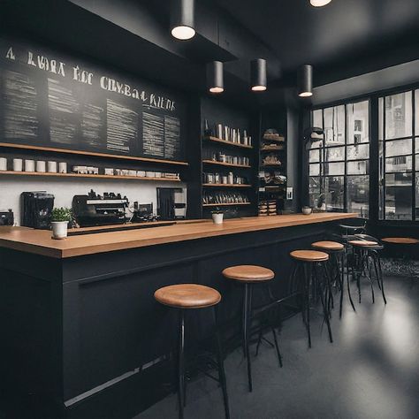 Minimalist Industrial Cafe Interior Design, Black Interior Restaurant, Black Restaurant Interior Design, Black Restaurant Interior, Cafe Exterior Design Coffee Shop, Black Cafe Aesthetic, Dark Coffee Shop Aesthetic, Moody Coffee Shop, Bakery Moodboard