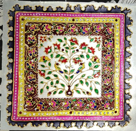 Meenakari Painting, Meenakari Art, Jaipur Art, Art Deco Frames, Indian Traditional Paintings, Creative Wall Painting, Indian Arts, Relief Art, Cold Porcelain Flowers