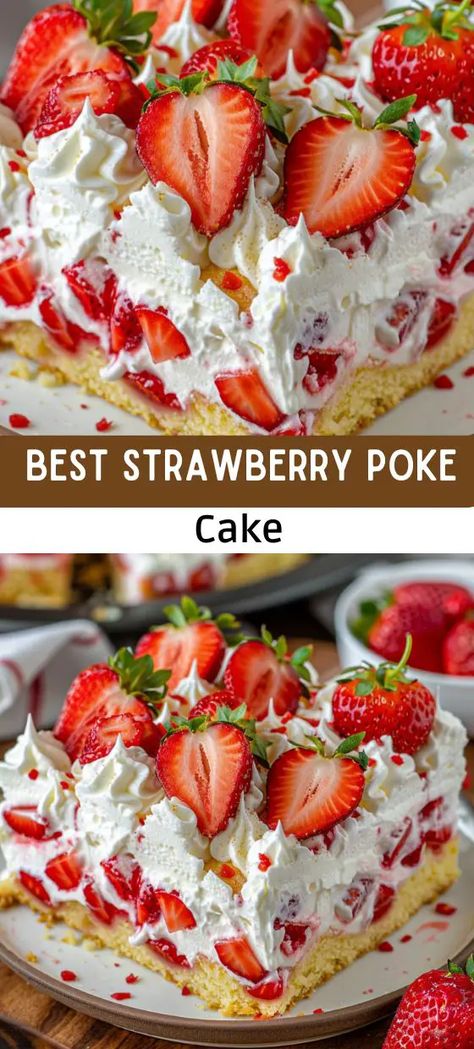 Easy Sweet Treats, Strawberry Poke Cake, Strawberry Poke Cakes, Strawberry Cake Easy, Strawberry Birthday Cake, Gooey Butter Cookies, Poke Cake Recipes, Poke Cakes, Strawberry Flavor