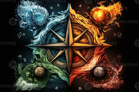 Four elements compass. Generative AI. Colorful magical fantasy compass, four elements earth, fire, water, air. Earth Element Symbol, Earth Fire Water Air, Earth Air Fire Water, Elements Earth, Elements Tattoo, The Four Elements, Earth Wind & Fire, 4 Element, Elemental Magic