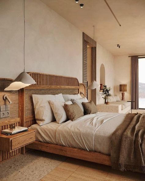 Modern Mediterranean Bedroom, Bali Bedroom, Balinese Interior, Mediterranean Bedroom, Warm Bedroom, Modern Living Room Interior, Bedroom Styles, Balinese, Decoration Design