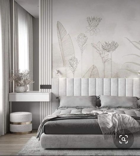 Minimalist Bedroom Cozy White Rooms, Mural Behind Bed, Bed Back Design Modern Luxury, Art Deco Interior Bedroom, Bedroom Accent Wall Ideas, Bed Design Modern, Dekorasi Kamar Tidur, Bedroom Decor Design, Bedroom Bed Design