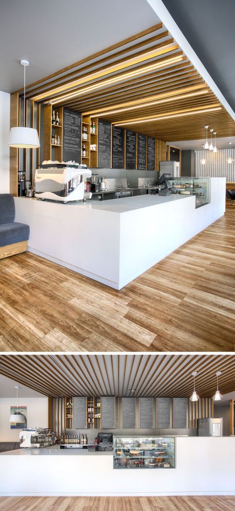 This cafe service counter mixes white counters with glass, wood detailing and chalkboards. Hidden lighting runs overhead along the the wooden details. Sandwich Bar, Kiosk Design, Kiosk, Bar Design, A Restaurant, Fresh Food, A Kitchen, Light Box, Melbourne