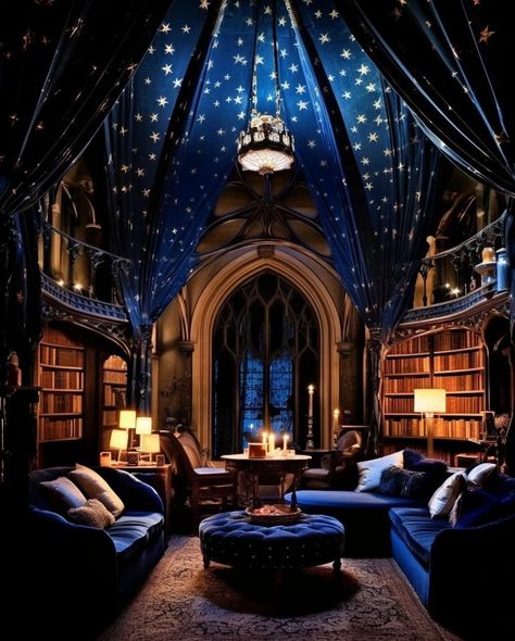 Aesthetic Hogwarts, Ravenclaw Gryffindor, Ravenclaw Common Room, Blue Aesthetics, Ravenclaw Aesthetic, Dream Library, Fantasy Rooms, Dark Home, Fantasy Homes