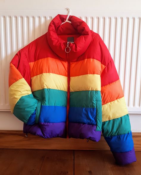 AaaH, Rainbows. I can never get over them. I went all the way to Primark in Central London just to get this jacket! Thanks to the girl that posted herself wearing one on Instagram! So glad I did! Rainbow Puffer Jacket, Rainbow Clothes Aesthetic, Rainbow Outfit Aesthetic, Rainbow Coat, Get Over Them, Rainbow Jacket, Rainbow Clothing, Rainbow Clothes, Pride Stuff