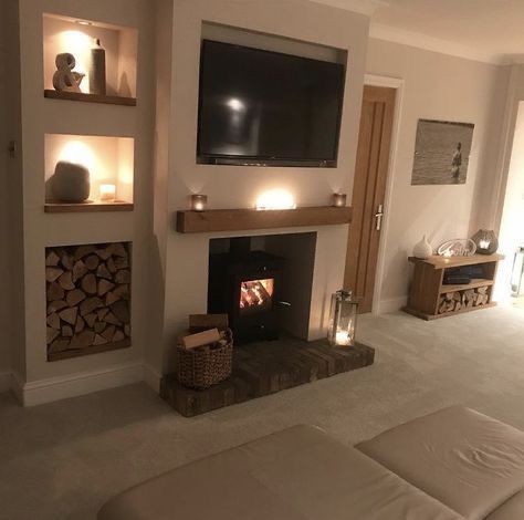 • @hernightskyy • Wood Burning Stoves Living Room, Log Burner Living Room, Storage Living Room, Cosy Living, Living Room Decor Fireplace, Drag Makeup, Cottage Living Rooms, Cosy Living Room, Cosy Home