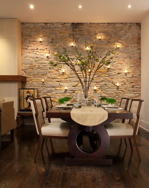 Stone Wall Interior Design, Contemporary Dining Room Design, Stone Walls Interior, Dining Room Accents, Dining Room Design Modern, Dining Room Style, Accent Walls In Living Room, Dining Room Wall Decor, Contemporary Dining Room