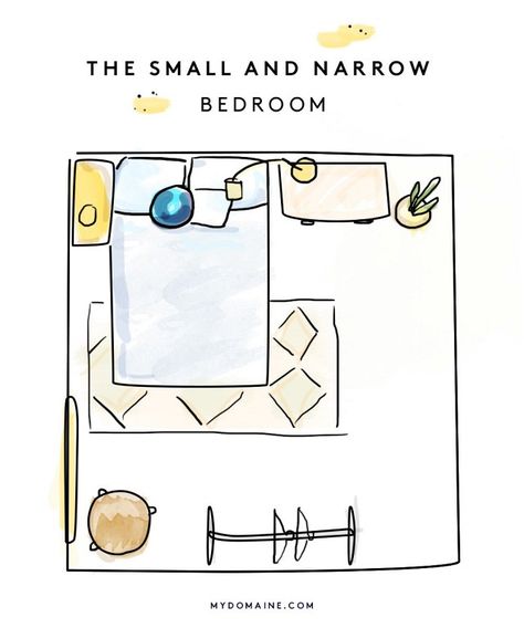 The Layout: If your bedroom is barely big enough to fit a bed, there are a few hacks that will help you manage the space. While we don’t love pushing a bed against the wall, try leaving as... Small Room Design, Bedroom Furniture Placement, Narrow Bedroom, Simple Bed Designs, Small Bedroom Layout, Bedroom Furniture Layout, Bedroom Minimalist, Bedroom Layout, Furniture Placement