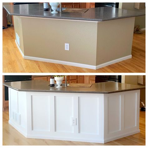 Kitchen Island Batten Board, Ideas For Under Bar Counter, Island Bottom Ideas, Trimming Out Kitchen Island, Drywall Kitchen Island Makeover, Kitchen Island Surround Ideas, Kitchen Bar Kick Wall Ideas, Kitchen Remodel Adding Island, Kitchen Island End Cap Ideas