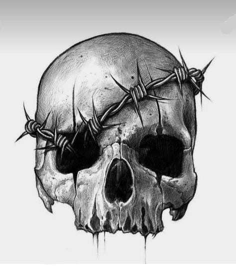 Skull And Barbed Wire Tattoo, Black Skull Tattoo, Skull Art Tattoo, Skull Art Drawing, Creepy Tattoos, Dark Art Tattoo, Skull Illustration, Skull Tattoo Design, Sketch Books