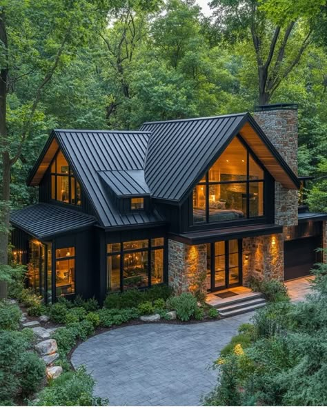 Black Cottage House Exterior, Dream Cabin In The Woods, Black Houses Aesthetic, House In The Middle Of The Forest, Black House Exterior Wood Accents, Black House In The Woods, Luxury Winter Cabin, Black House Interior Design, Dark Houses