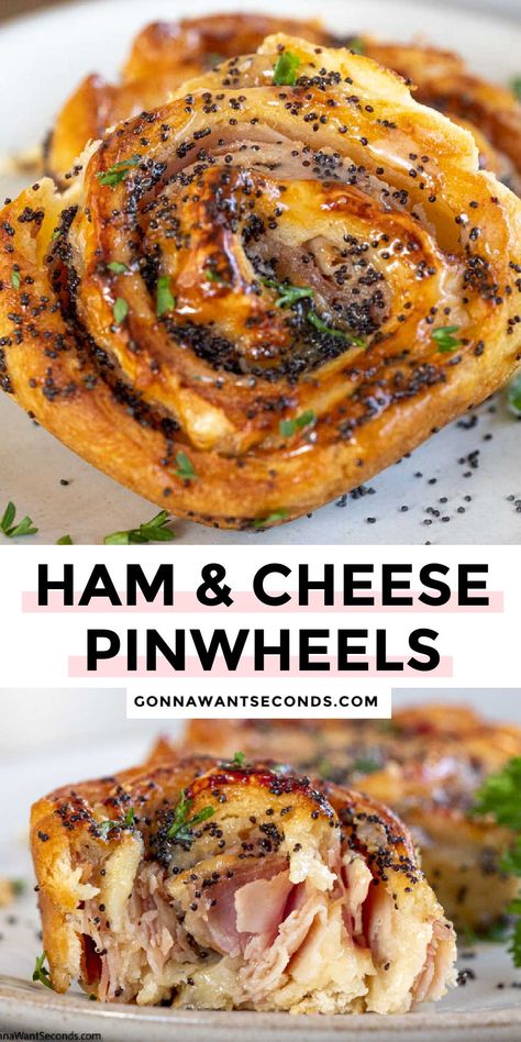 Brunch Parties, Ham And Cheese Pinwheels, Cheese Pinwheels, Pinwheel Appetizers, Pinwheel Recipes, Crescent Roll Recipes, Party Appetizers, Baked Ham, Flaky Pastry