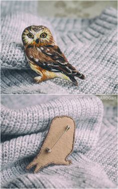 Embroidery Owl, Textile Brooch, Embroidery Brooch, Owl Brooch, Embroidered Brooch, Embroidered Bird, Bird Embroidery, Thread Painting, Animal Embroidery