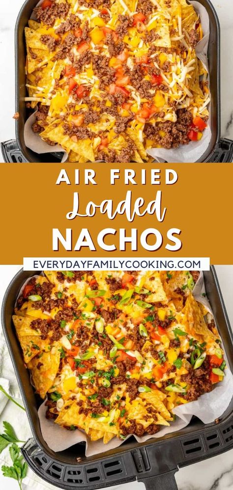 Craving deliciously crispy and cheesy nachos? Discover guilt-free air fryer nachos, a 5 minute masterpiece with perfectly golden chips and irresistible fresh toppings in every bite. Healthy Nacho, Air Fryer Nachos, How To Make Nachos, Cheesy Nachos, Air Fryer Recipes Dessert, New Air Fryer Recipes, Air Fryer Recipes Snacks, Cooks Air Fryer, Loaded Nachos