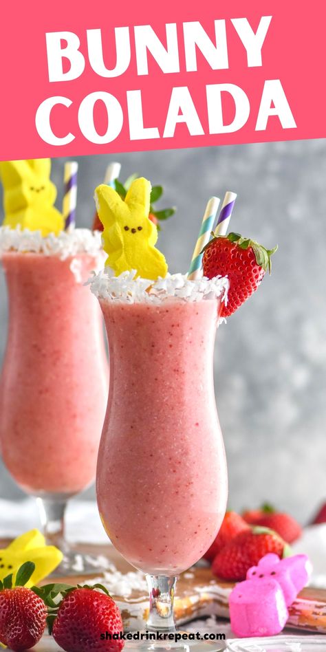 This Bunny Colada is a tropical pink cocktail that starts with lemonade and rum and is a perfect Easter cocktail! Easter Alcoholic Drinks, Pink Alcoholic Drinks, Bunny Drink, Bunny Cocktail, Easy Spring Cocktails, Easter Cocktail, Shake Drink, Easter Drink, Easter Cocktails